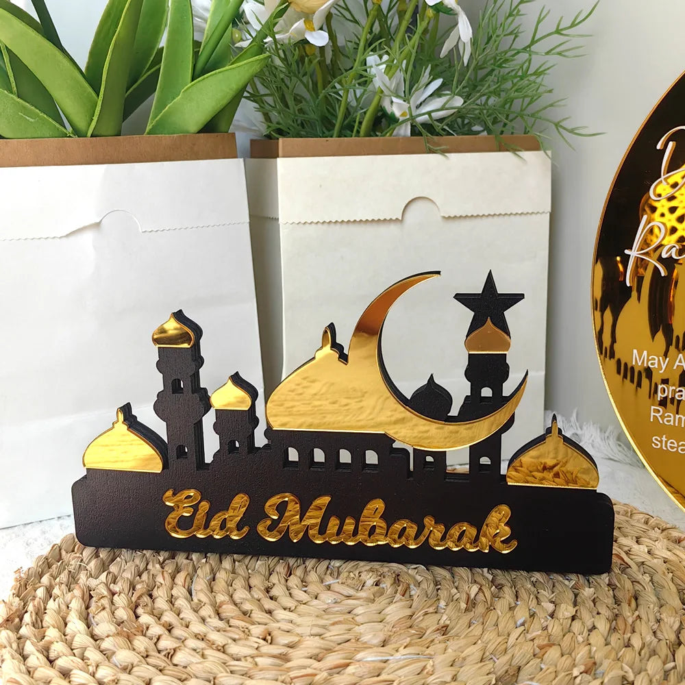 Muslim Ramadan Wooden Castle Eid Mubarak Acrylic Table Ornament for Islam Party Decorations