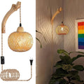 Rustic Farmhouse Retro Bamboo Woven E27 Wall Lamp LED Round Shade for Indoor Home Decor for Living Room Bedroom Kitchen