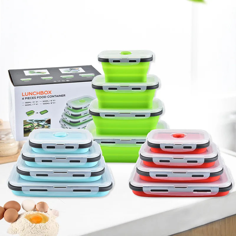 Set of 4 Rectangular Silicone Collapsible Lunch Box Food Container