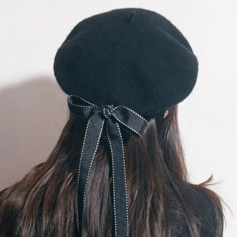 New Fashion Women Soft Wool Elegant Berets Fall Winter Hats Warm Beret Hat With Bowknot