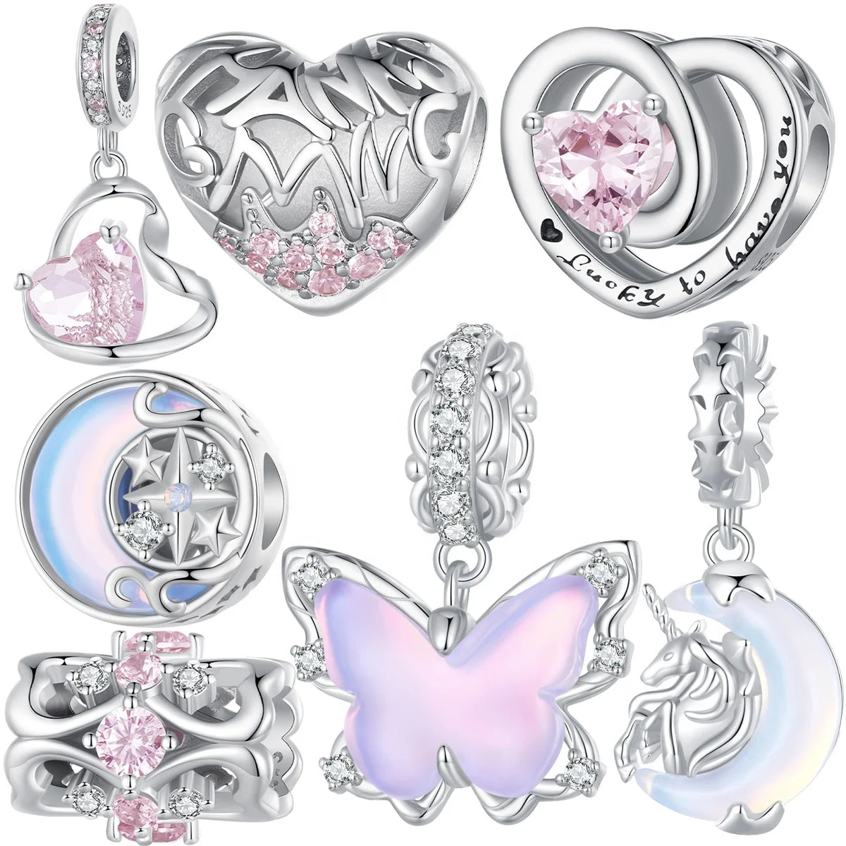 Wholesale 925 Sterling Silver Thanksgiving Twisted Heart Charm Pink Zircon Ribbon Pendant Fit Original Bracelet DIY Fine Jewelry