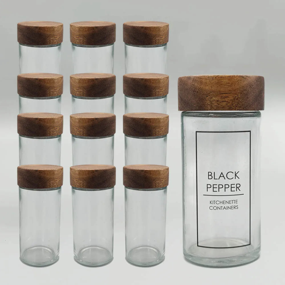 Best Seller 12 Pack Pieces 90ml 3oz Airtigh Acacia Cap Herbs Spice Bottle Glass Shaker Jar Set With Wooden Lids and Labels