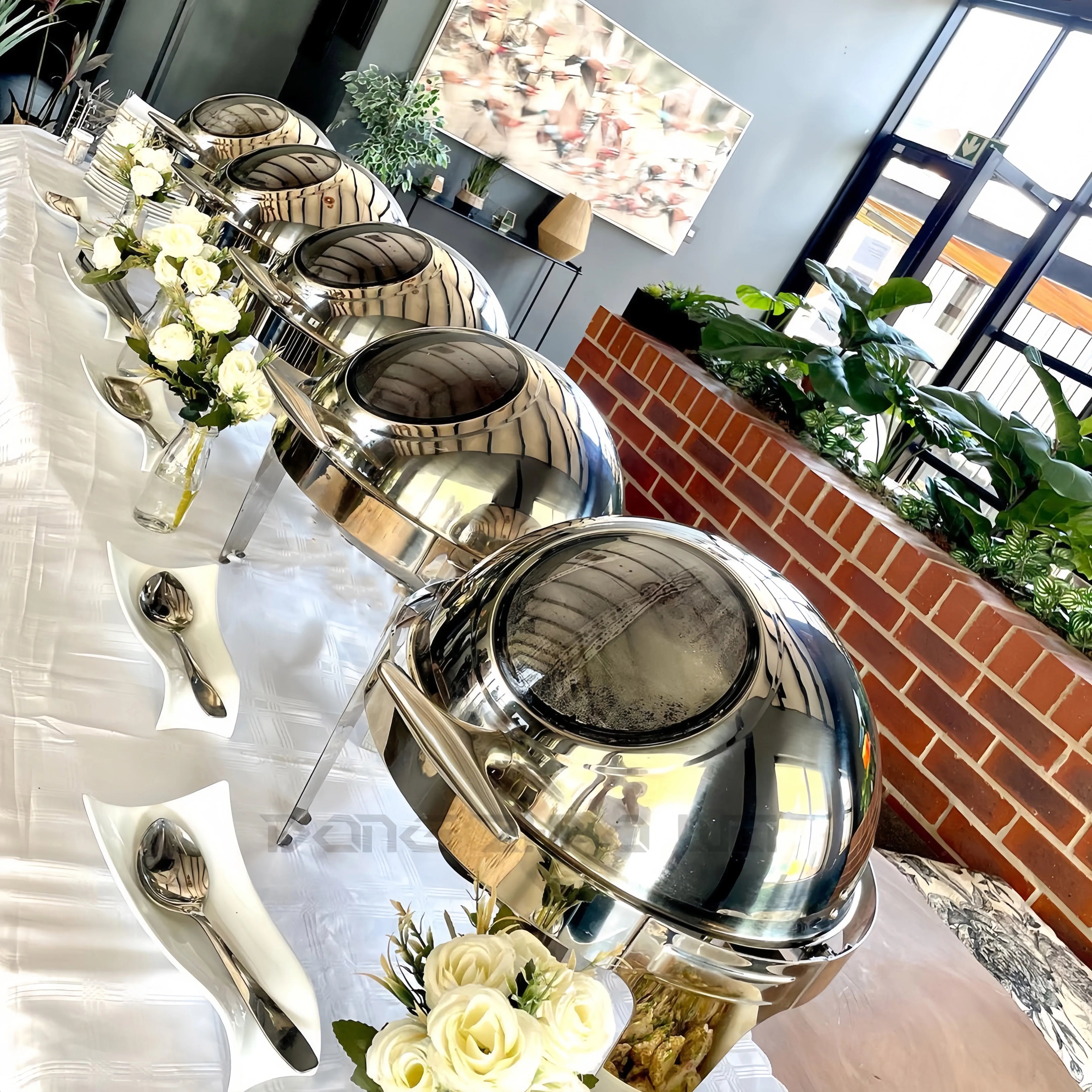 Silver Food Warmer Visual Roll Top Commercial Hotel Stainless Steel 6L Round Chafing Dishes Deluxe Roll Top Chafing Dish
