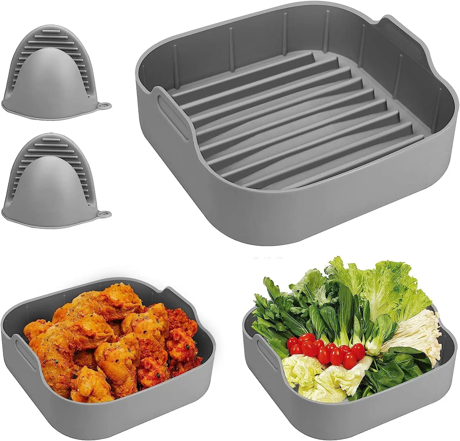 Food Grade Silicone Air Fryer Pot with Mitts and Oven Basket 8 Inch Grey Eco-Friendly Baking Dish for Home Kitchen