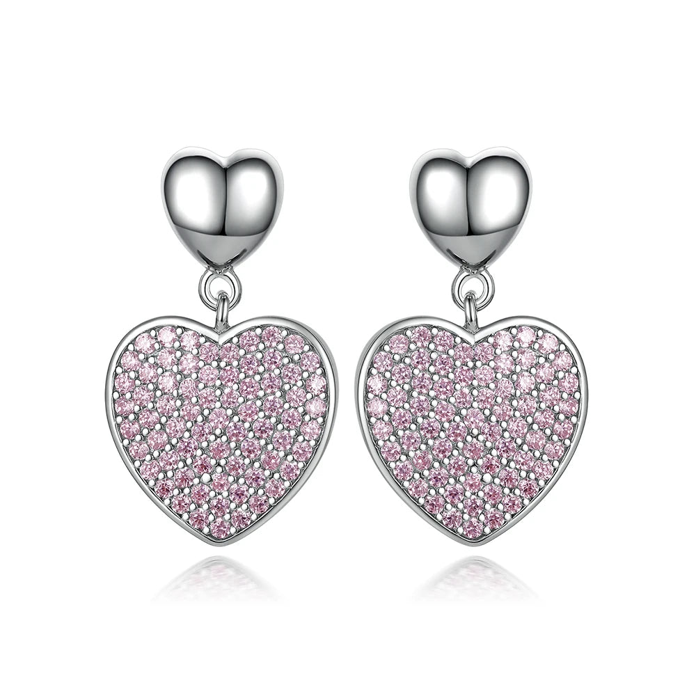 925 Sterling Silver Heart Earrings Stud Pink Cubic Zirconia Women Earrings