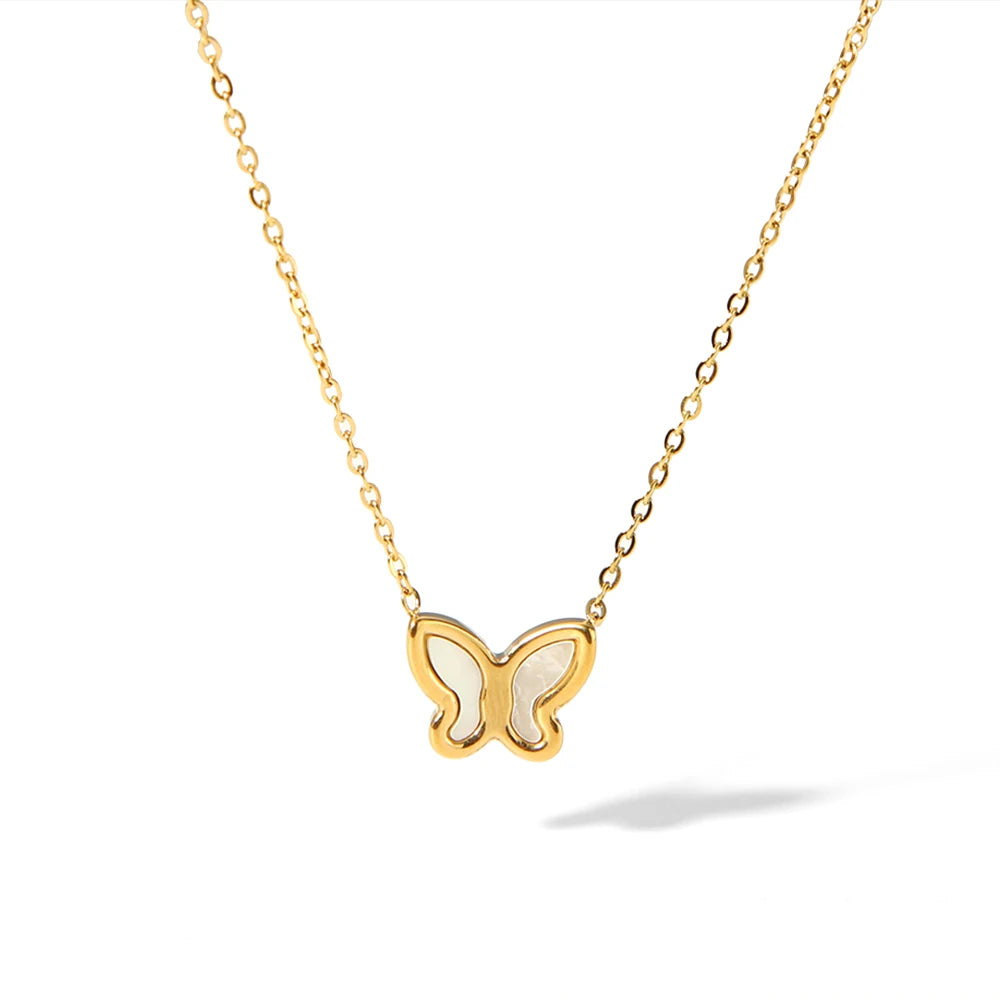 Women's Fashionable Stainless Steel 18K Natural White Shell Butterfly Pendant Necklace Link Chain Classic Style for Weddings