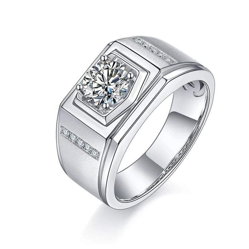 RINNTIN SMR101 Wedding Engagement Jewelry 925 Sterling Silver Rhodium Plated 1.0ct Round Cut D Color VVS Moissanite Ring for Men