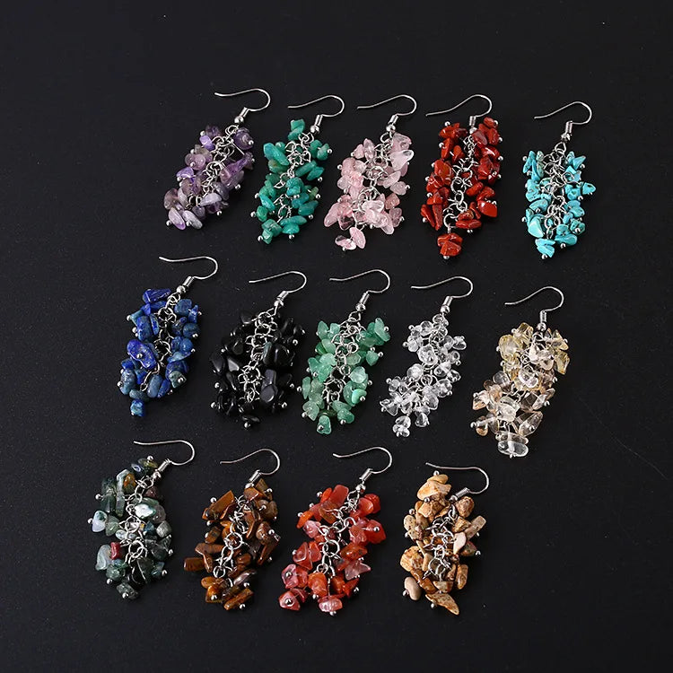Hot Selling Natural Crystal Stone Gravel Stone Earrings for Women Gemstone Green Aventurine Crystal  Long Hook Earrings