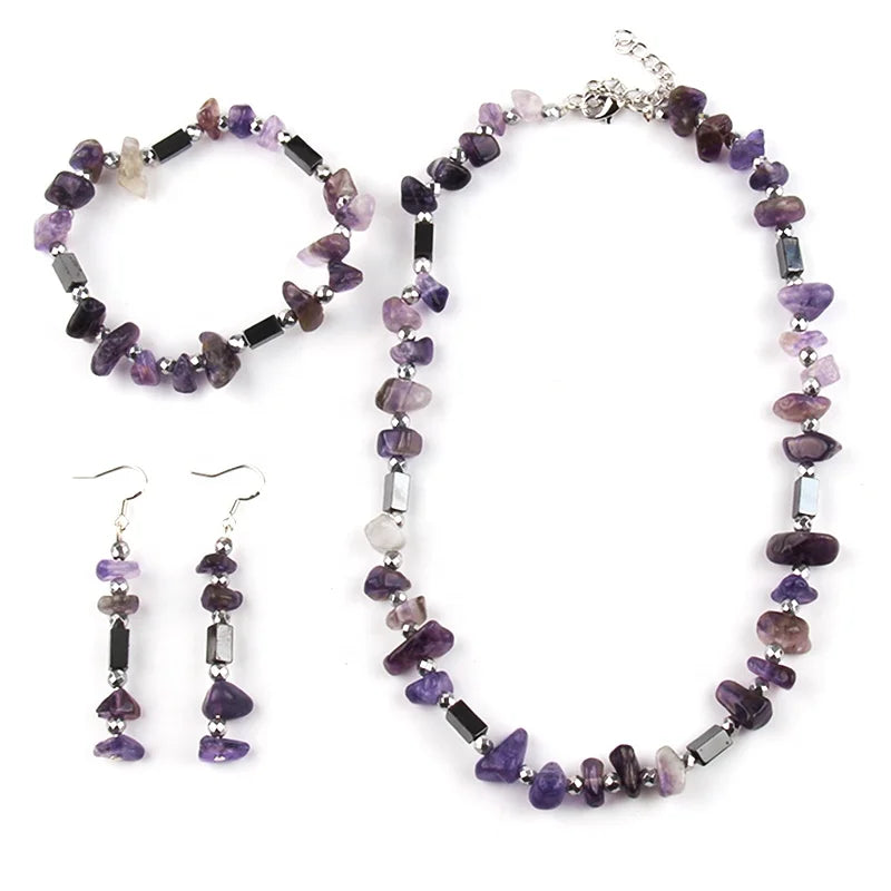 Fashion Women Jewelry Set  Natural Stone Gravel Necklace Black Hematite Spacer Choker Necklace Earring Bracelet