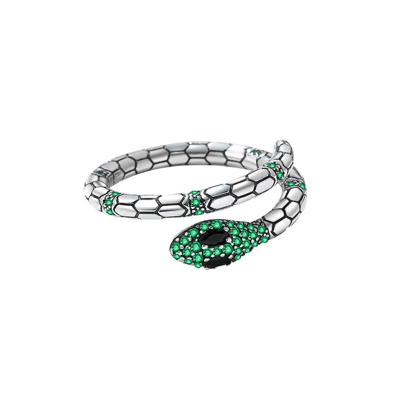 Antique Silver Plated 925 Sterling Snake Ring Unisex Emerald Green Zircon Jewelry for Wedding Party Anniversary-Open Band