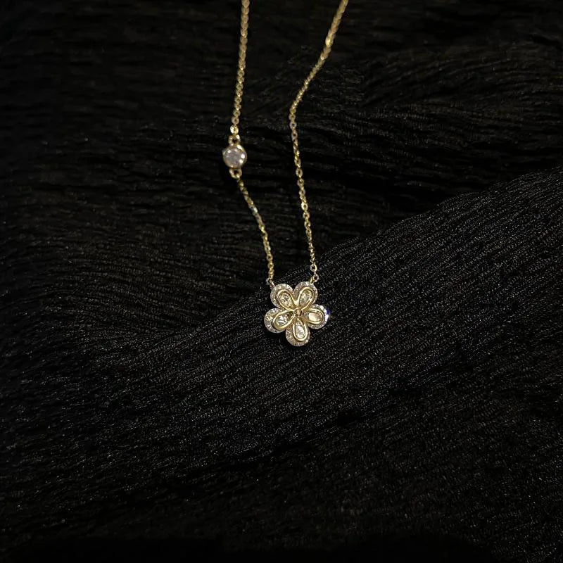Cute Sweet 18K Gold Plated Pure 925 Sterling Silver Shiny Zircon Flower Shaped Pendant Necklace for Women Girls Jewelry