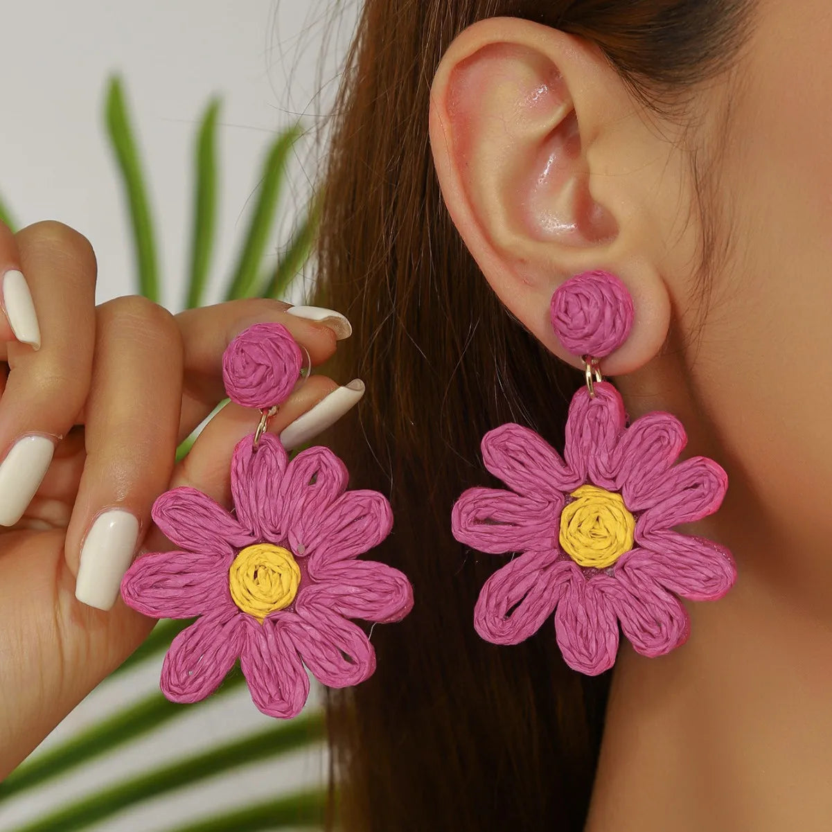 50MM Bohemian Summer Ocean Sea Beach Vacation White Pink Flower Dangle Earrings Handmade Flower Raffia Earrings