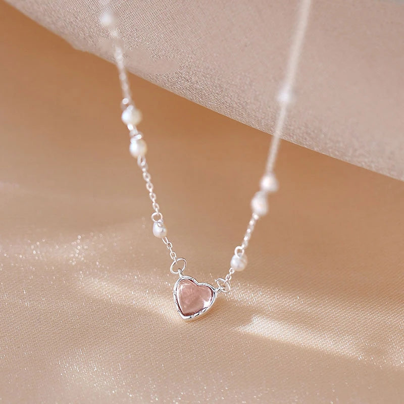 Unique 925 Sterling Silver Heart Necklace Pearl Bead Chain Women Necklace Valentine's Day Gift