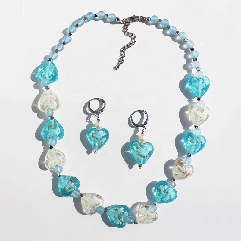 Maiou Original Design Elegant Handmade Blue Glass Heart Beaded Necklace Earrings Set Jewelry for Women
