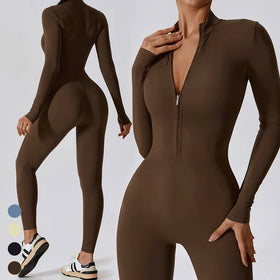 Wholesale Custom Logo Sports Bodysuits Quick Dry Breathable Half Zip Long Sleeve One Piece Jumpsuit Workout Rompers & Playsuits