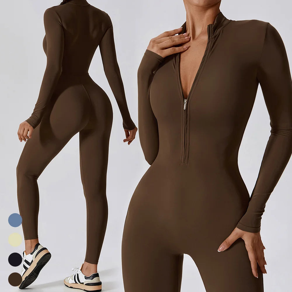 Wholesale Custom Logo Sports Bodysuits Quick Dry Breathable Half Zip Long Sleeve One Piece Jumpsuit Workout Rompers & Playsuits