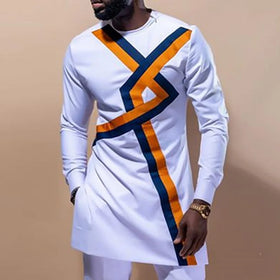 Custom Africa Ethnic Long Shirt Tops Round Collar Block Patchwork O-neck Shirts Men Clothing