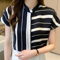 8393# Blouses Shirts Short Sleeve Summer Striped Chiffon Blouse Women Shirt Tops Ladies