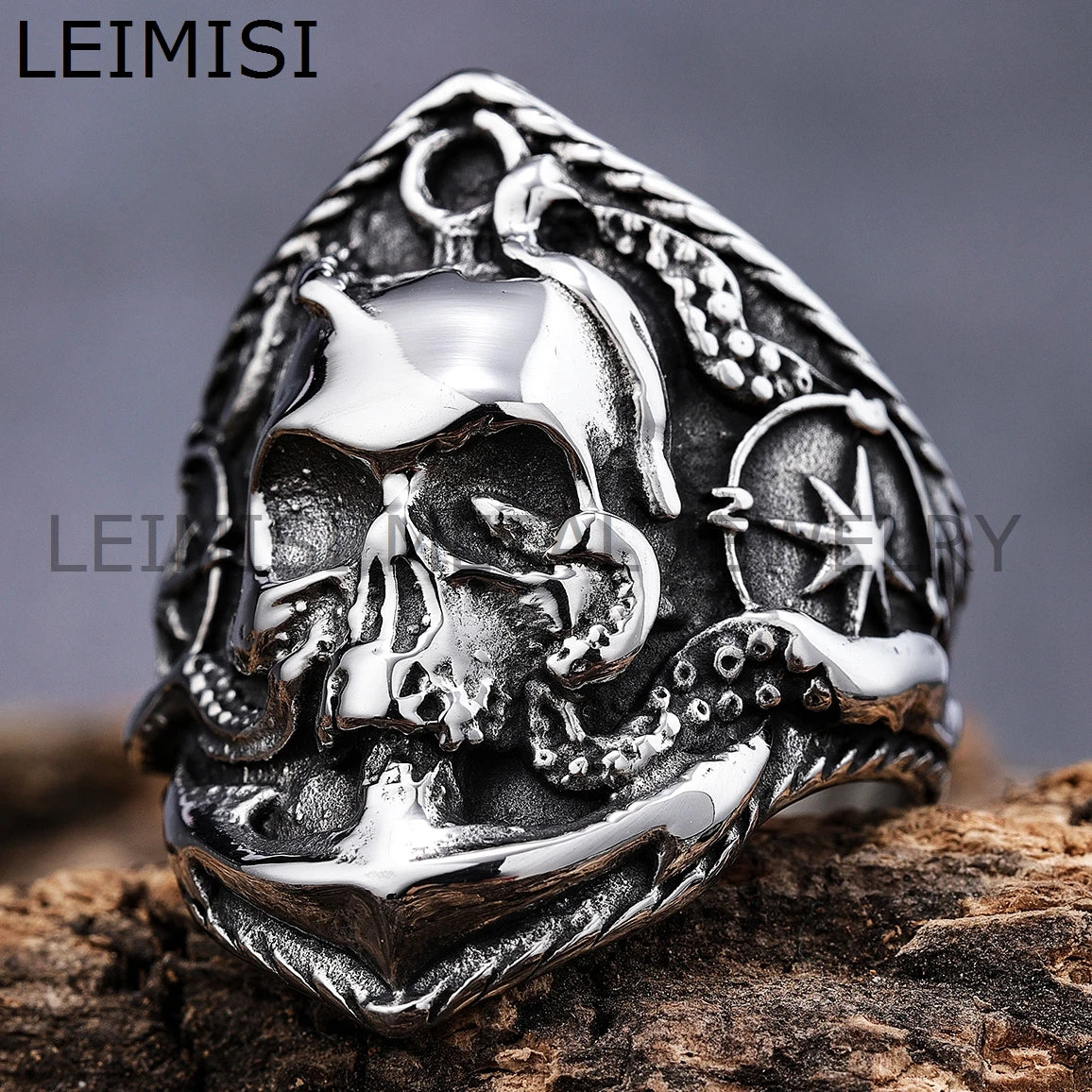 Mens Stainless Steel Gothic Punk Pirate Sailor Biker Skull Ring Jewelry for Men Size 7-15