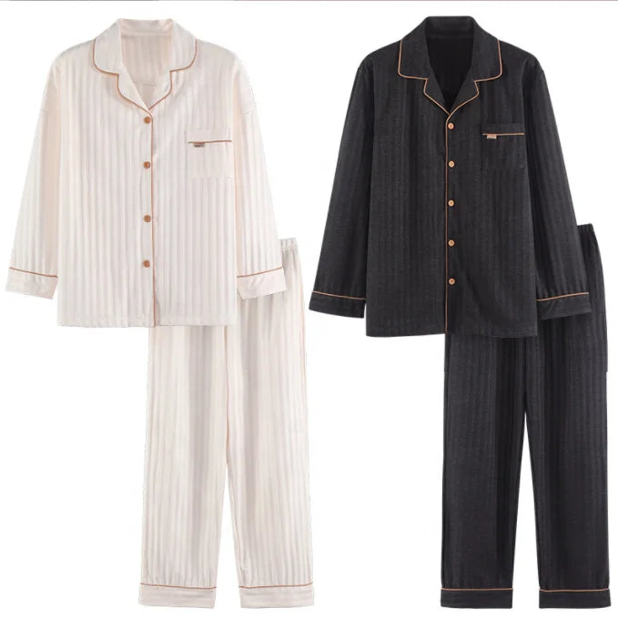Wholesale Knitted Cotton Couple Pajamas Set Spring Autumn Long-sleeved Large Size Sleepwear Home Wear Set for Men and Women