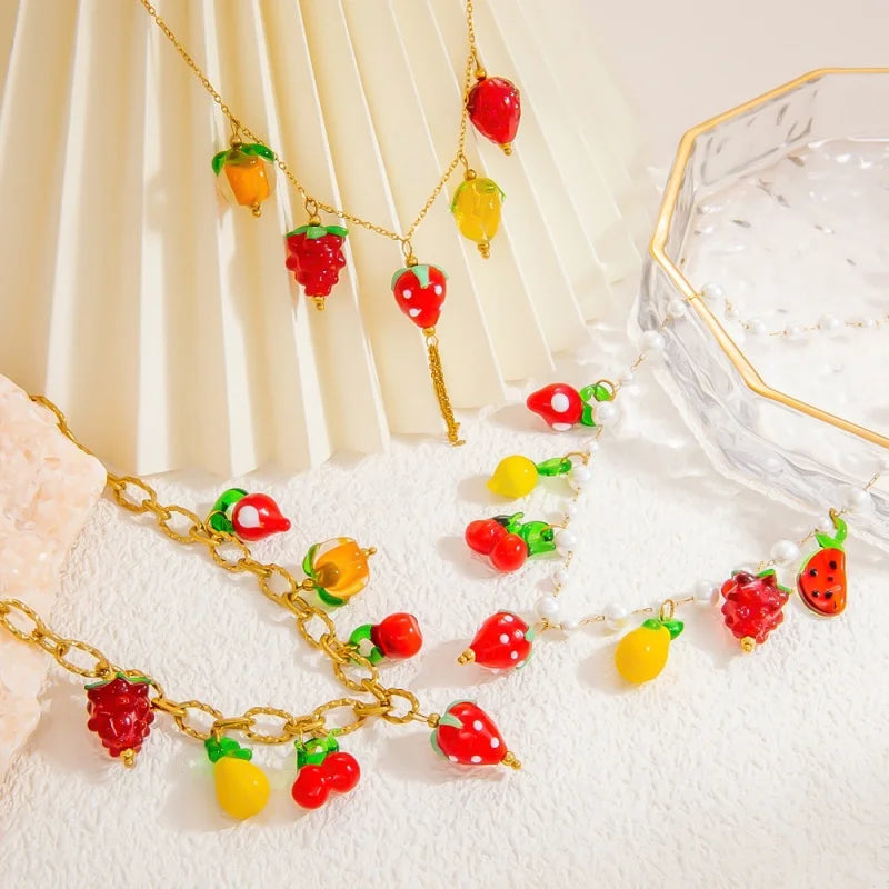 Colorful Oil Drop Pendant Necklace Cherry Fruit Stainless Steel Stainless Steel Jewelry for Women