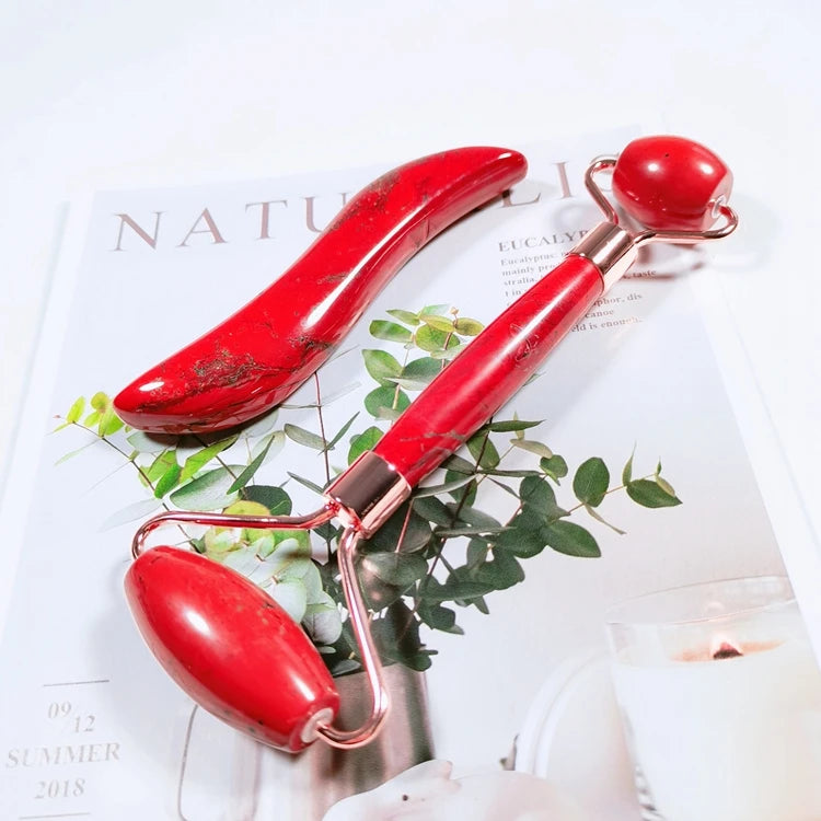 DIY High Quality Red jasper Jade Roller Set Factory Wholesale Metal Ice Face Jade Roller Gua Sha Stone Tool for Anti Aging