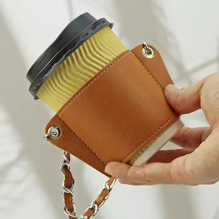 Custom Colorful Reusable PU Leather Portable Coffee Tea Drinks Carrier Cup Sleeve Holder