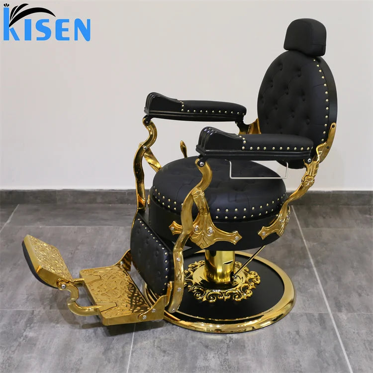 Kisen Luxury Recliner Hair Cutting Chair Beauty Barbershop Antique Salon Equipment Furniture Saloon Chairs Metal Barber Chair