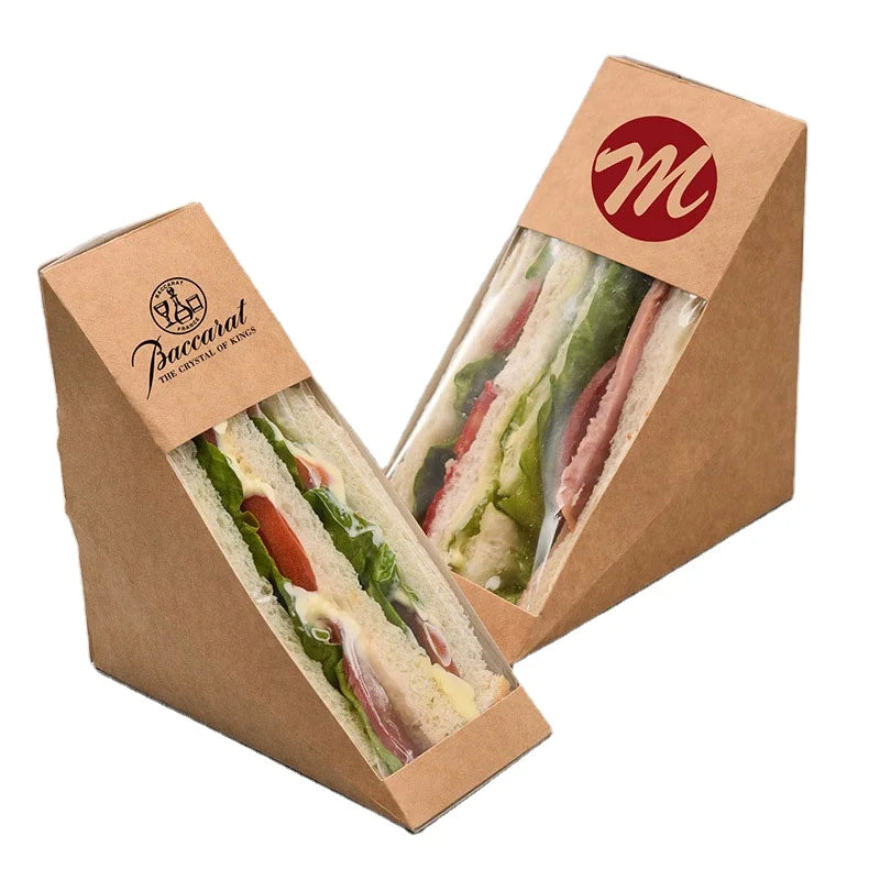 Custom Logo Triangle Disposable Food Grade Paper Packaging Kraft Paper Sandwich Box With Window