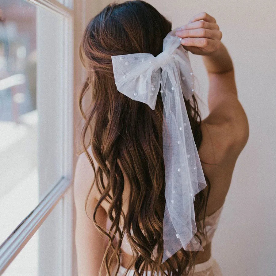 ShanHai Headwear Jewelry Hair Accessory Hair Clip New Long Lady Wedding Streamer Bow Clip Bowknot Ribbon Net Yarn Bow Hairpin