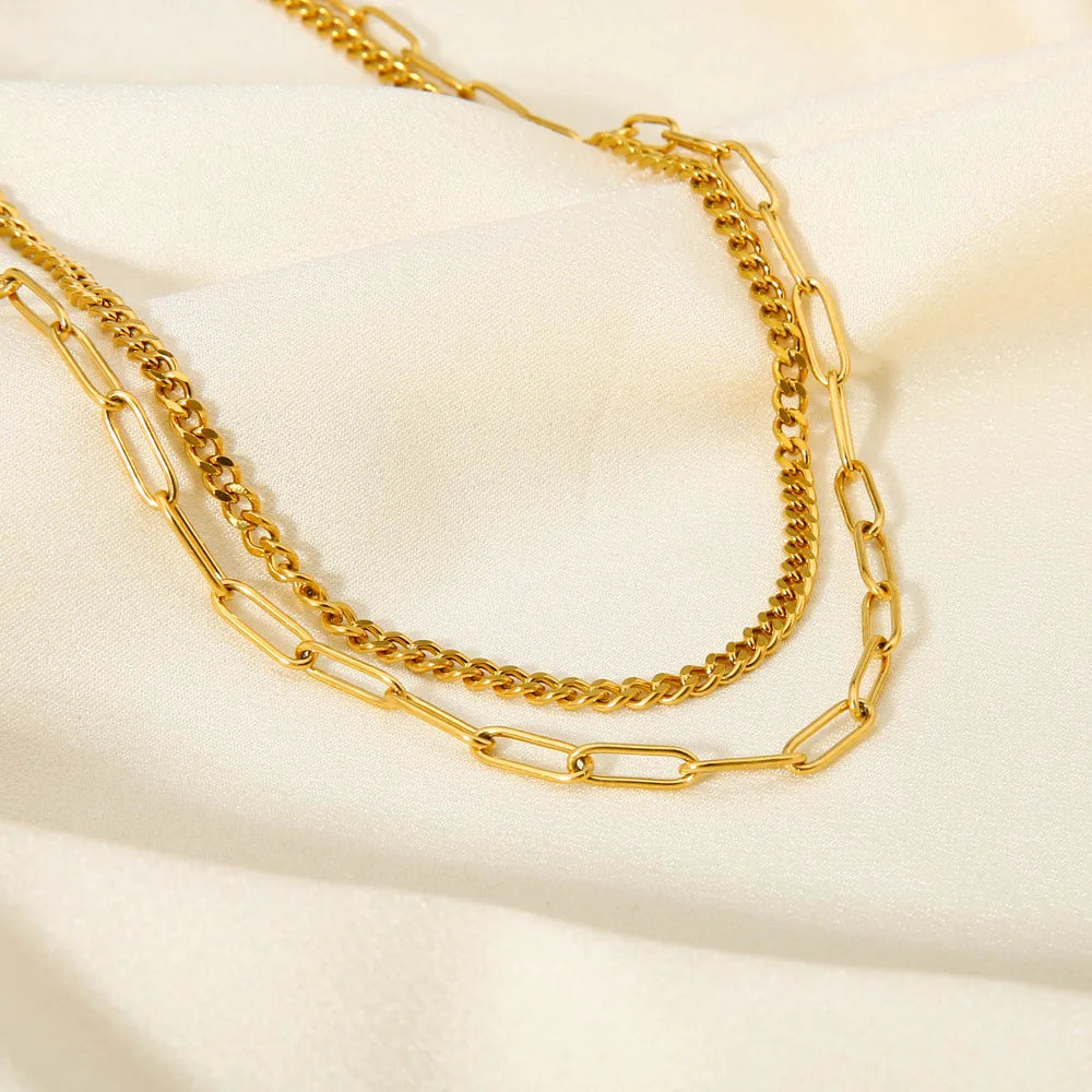 Ins Women 18K Gold Cuba Chain Paper Clip Chain Double Layer Necklace Hip Hop Stainless Steel Necklace Collar De Acero Inoxidable