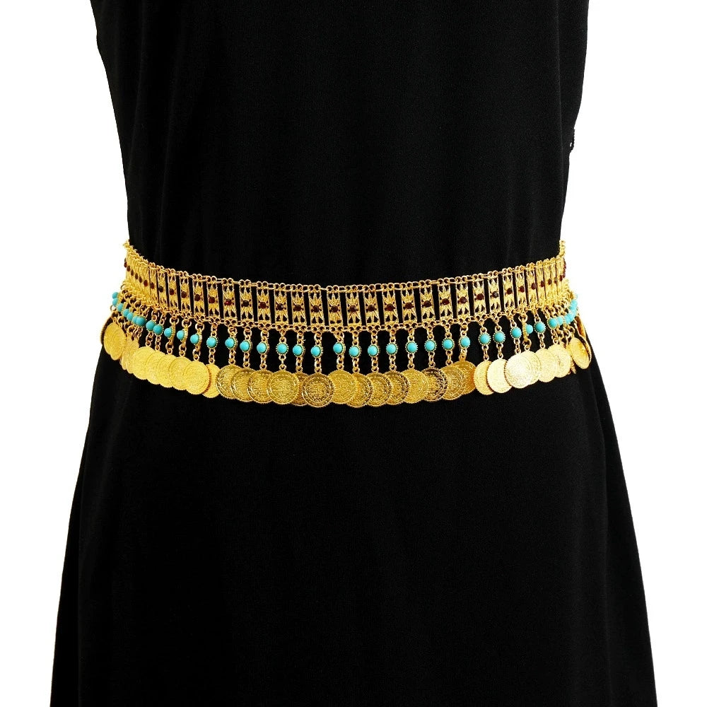 Hot Selling Fashion Bohemian Alloy Middle Eastern Style Golden Alloy Belt with Coin Tassel Waist Chain for Lady