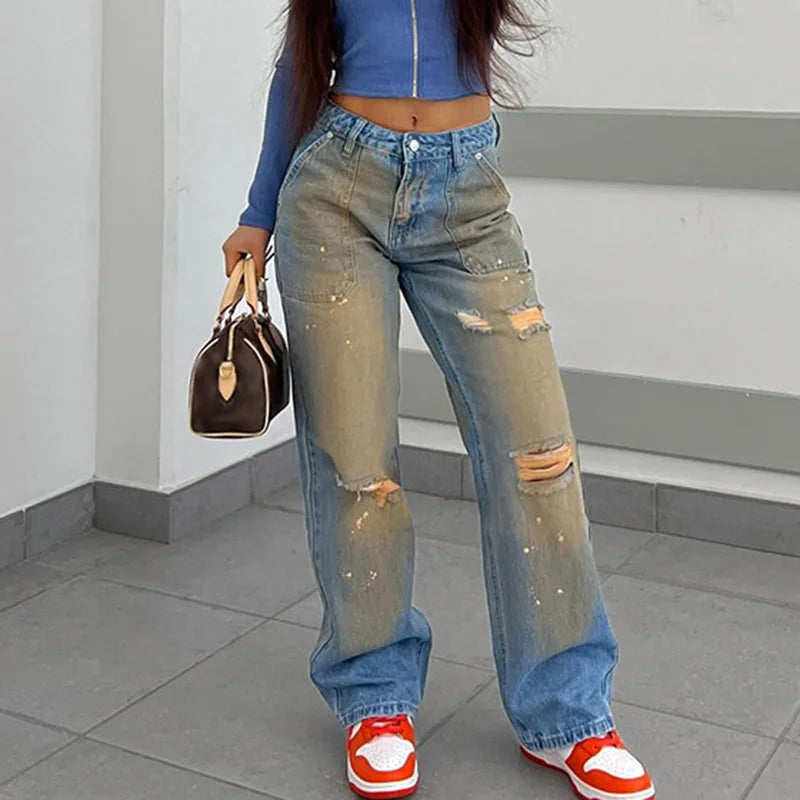 2024 Streetwear Women's Denim Jeans Pants Summer Spring Fashion Ripped Pants Ladies High Waist Women Jeans Straight Casual Pants