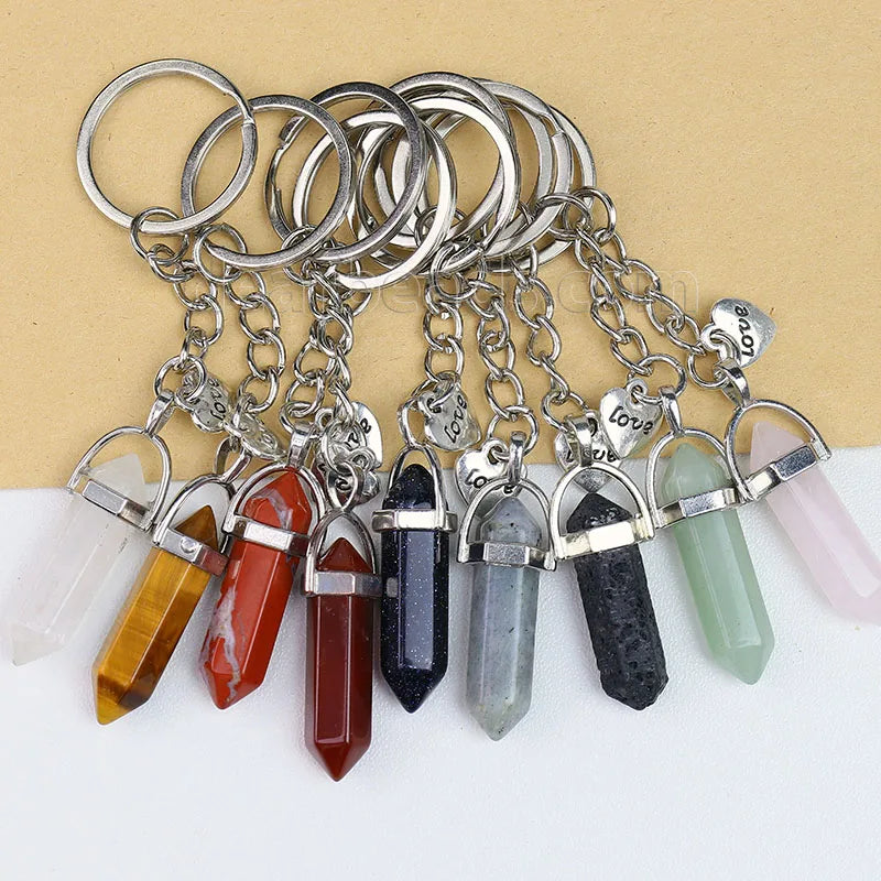 DBYS1010 Wholesale Natural Hexagon Crystal Charm Key Chain Stone Gem Nuggets Key Rings Keychains Healing Crystals