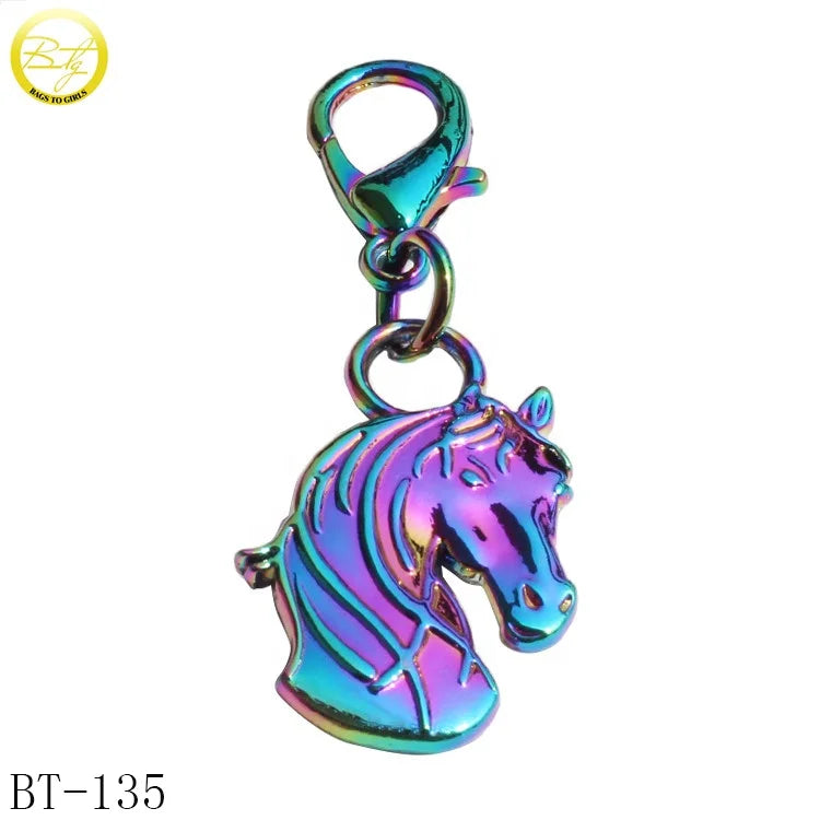 Best Selling Bags Horse logo Brand Keychain Promotional rainbow Color Purse Metal Key Tags Decorative Chain Label