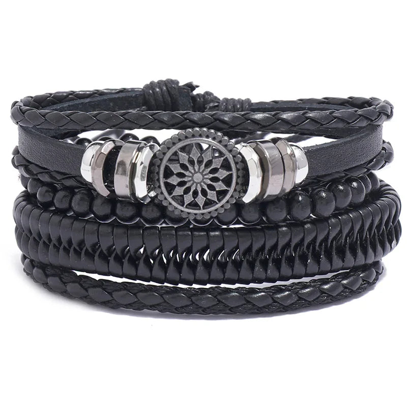 Hot Selling Punk Rock Men's Fashion Bangle Retro Metal Leather Bracelet Set with Adjustable Size Personalized Jewelry Gift