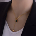 Minimalist 18K Gold Stainless Steel PVD Plating Y Shaped Link Chain Beads Green Black Crystal Pendant Necklace Men Women
