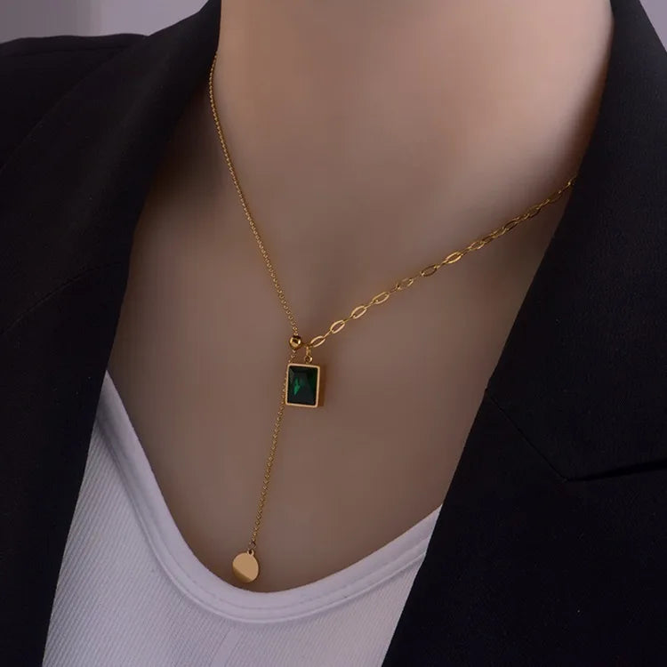 Minimalist 18K Gold Stainless Steel PVD Plating Y Shaped Link Chain Beads Green Black Crystal Pendant Necklace Men Women