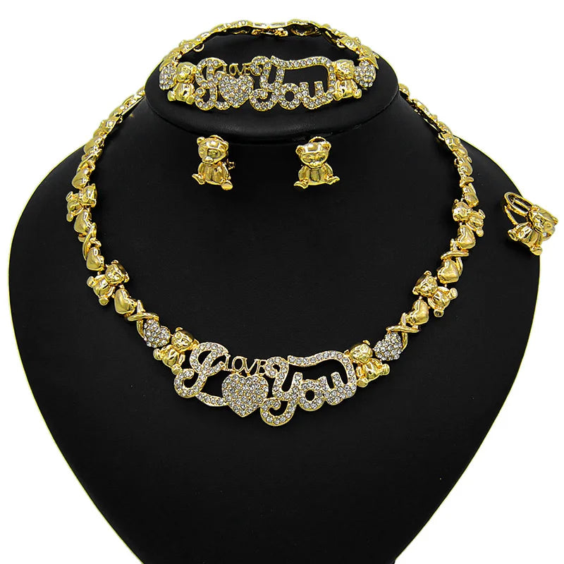 Heart Charm Letter Choker Gold Plated Wedding Zircon  Bridal Necklace I Love You Custom Name XOXO Necklace Jewelry Set for Gift