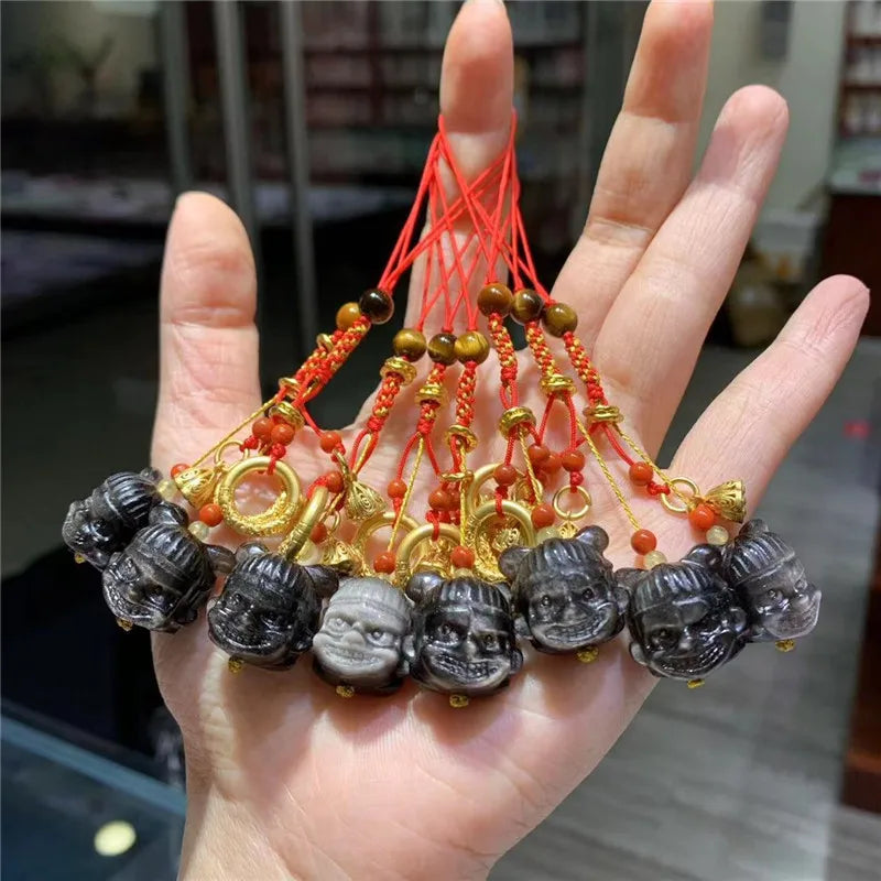 HZ Nezha-2 Natural Silver Meteorite USB Flash Drive Keychain Lotus Pod Phone Pendant Natural Silver Sheen Obsidian Nezha Head