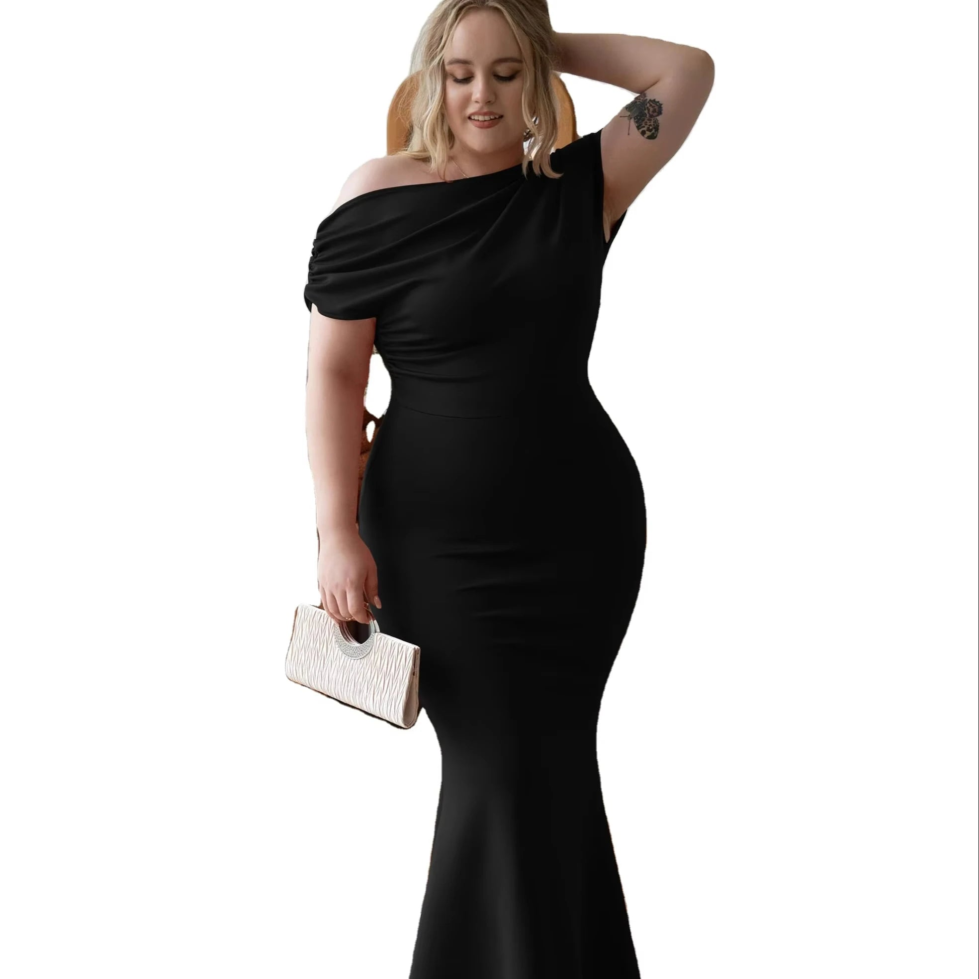 Women's Elegant Off-Shoulder Bodycon Evening Dress Sleeveless and Long for Autumn Parties Solid Pattern Woven Fabric