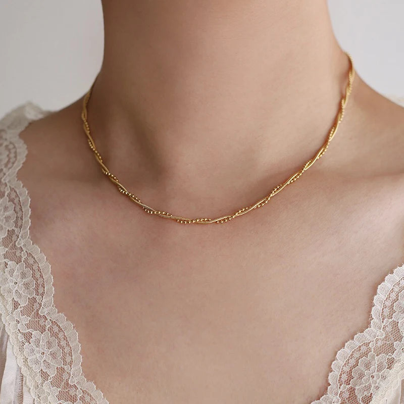 Minimalist 18k Gold Plated Twisted Beaded Necklace for Women Ladies Stainless Steel Double Layer Snake Chain Choker Necklace