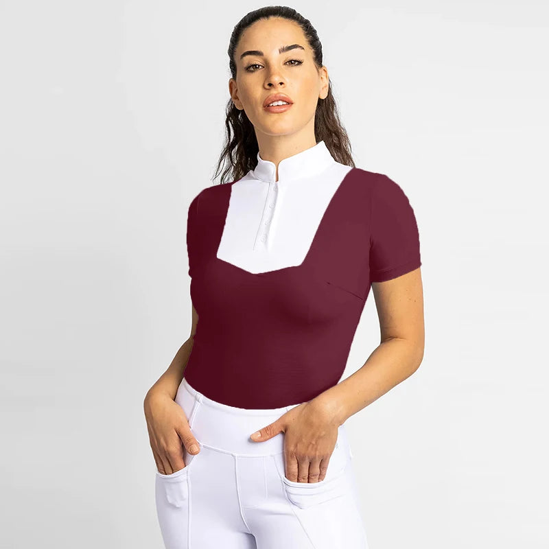 Quick Dry Burgundy Equestrian Show Shirt Tops Horse Riding Short Sleeves Base Layers Nylon Mesh Women Horse Riding Clothing