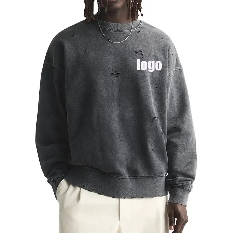 Fashion Distressed Crewneck Sweatshirt Acid Wash Hoodie  Vintage Distressed Crewneck Sweatshirt