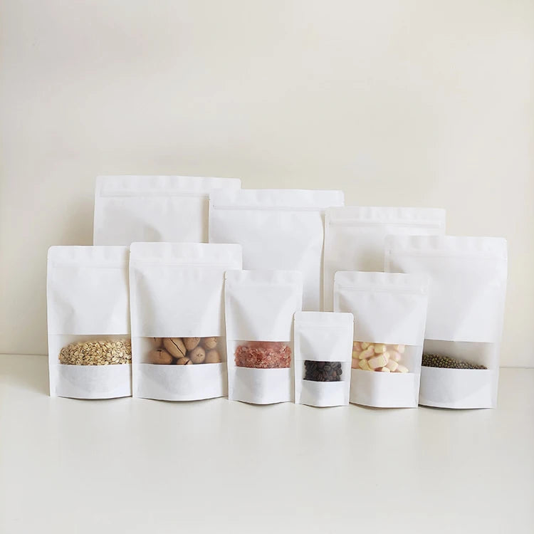 14x20cm Grease Proof White Kraft Paper Bags With Zipper and Window Kraft Paper Stand up Pouch for Nuts Tea Packaging