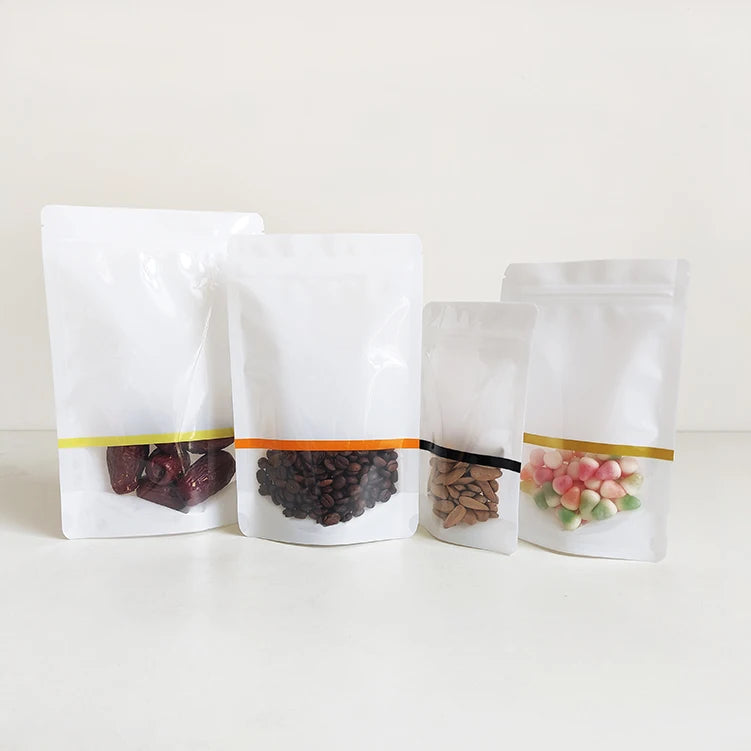 11x17cm New Arrival Clear Window Food Packaging Bag White Plastic Zipper Stand up Pouch with Color Stripes