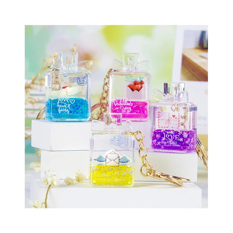Custom Creative Love Letter Acrylic Keychain Oil Floating Quicksand Liquid Perfume Bottle Key Chain Ring