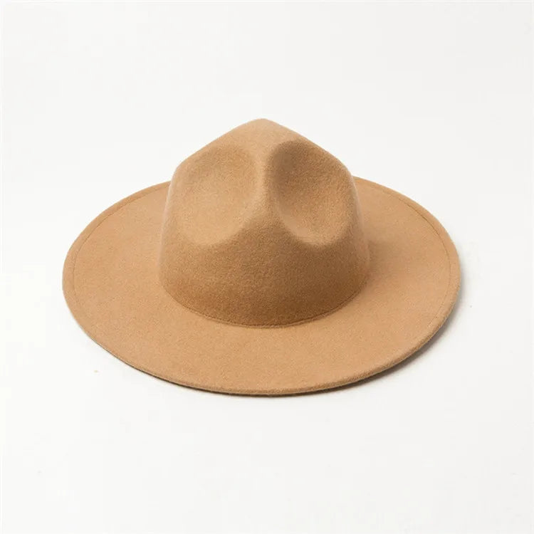 X1229 Unisex Woolen Felt Hat Wide Brim Concave Top Flat Caps Plain Pattern Ribbon Decoration Winter Season Party New Collection