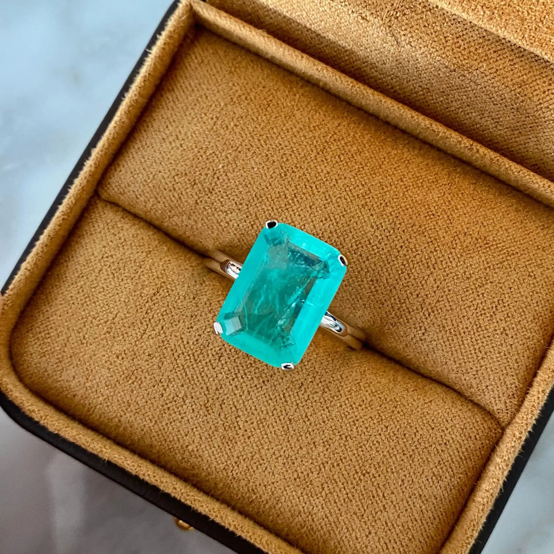 Minimalist Design 18K Gold Plated 925 Sterling Silver  10*14mm Paraiba Blue Stone Solitaire Ring