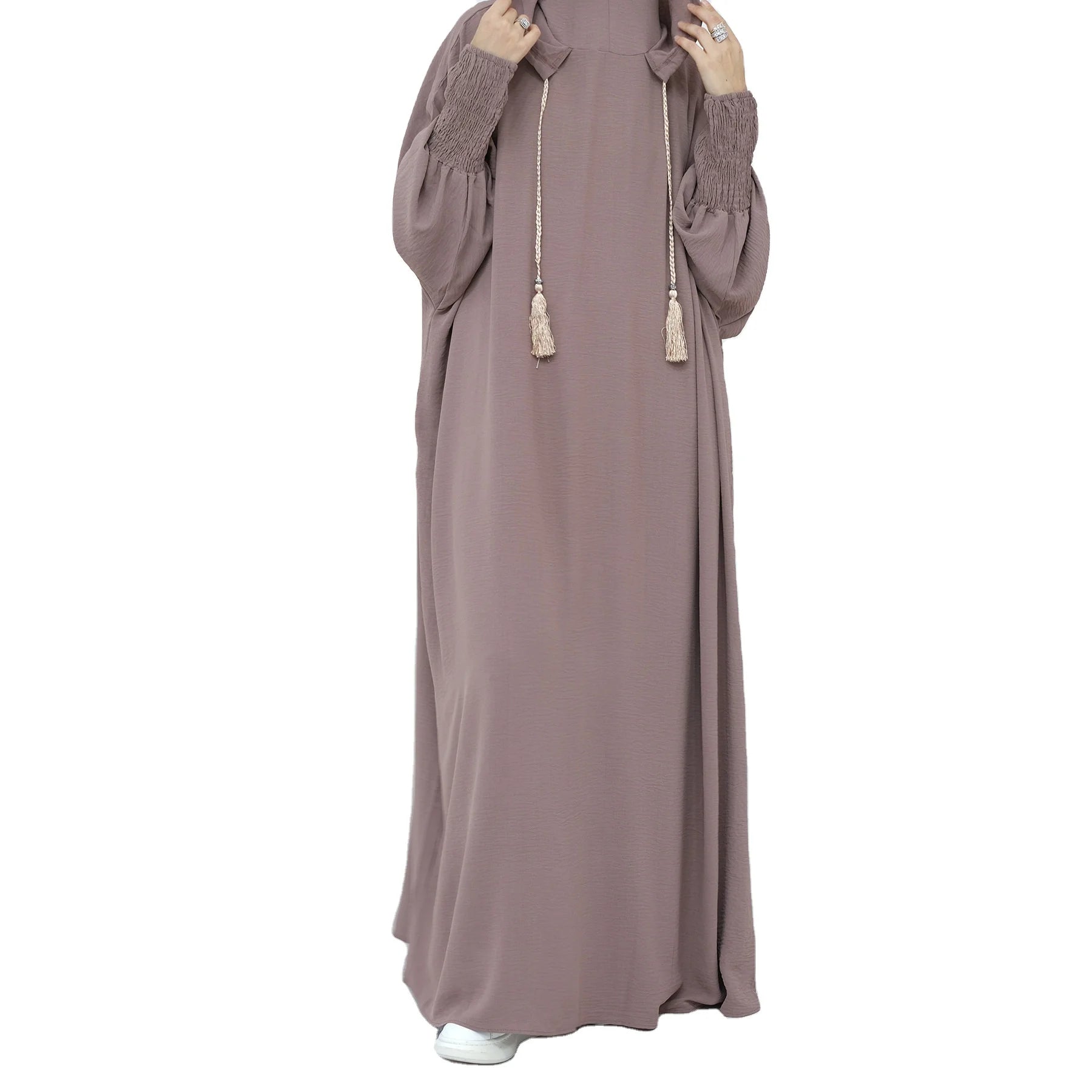 2026 Latest Coming Pure Color Middle East Dubai Hot Sale Long Elastic Cuff Muslim Women Abaya Dress With Drawstring Hoodie
